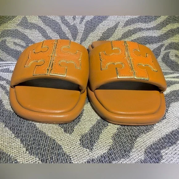 Tory Burch Tan Sport Leather Slides with Gold Detailing Double T size 7 - Picture 3 of 12
